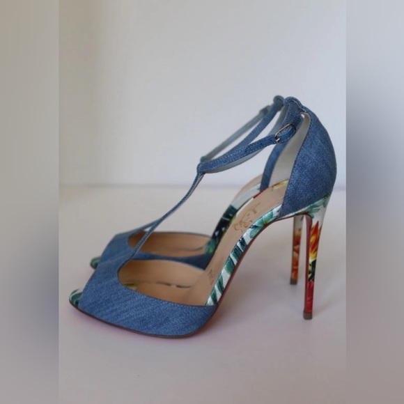 NIB Christian Louboutin Senora 100 Jean Denim Hawaii Blue Sandal Pumps Size 36.5 - Picture 3 of 6